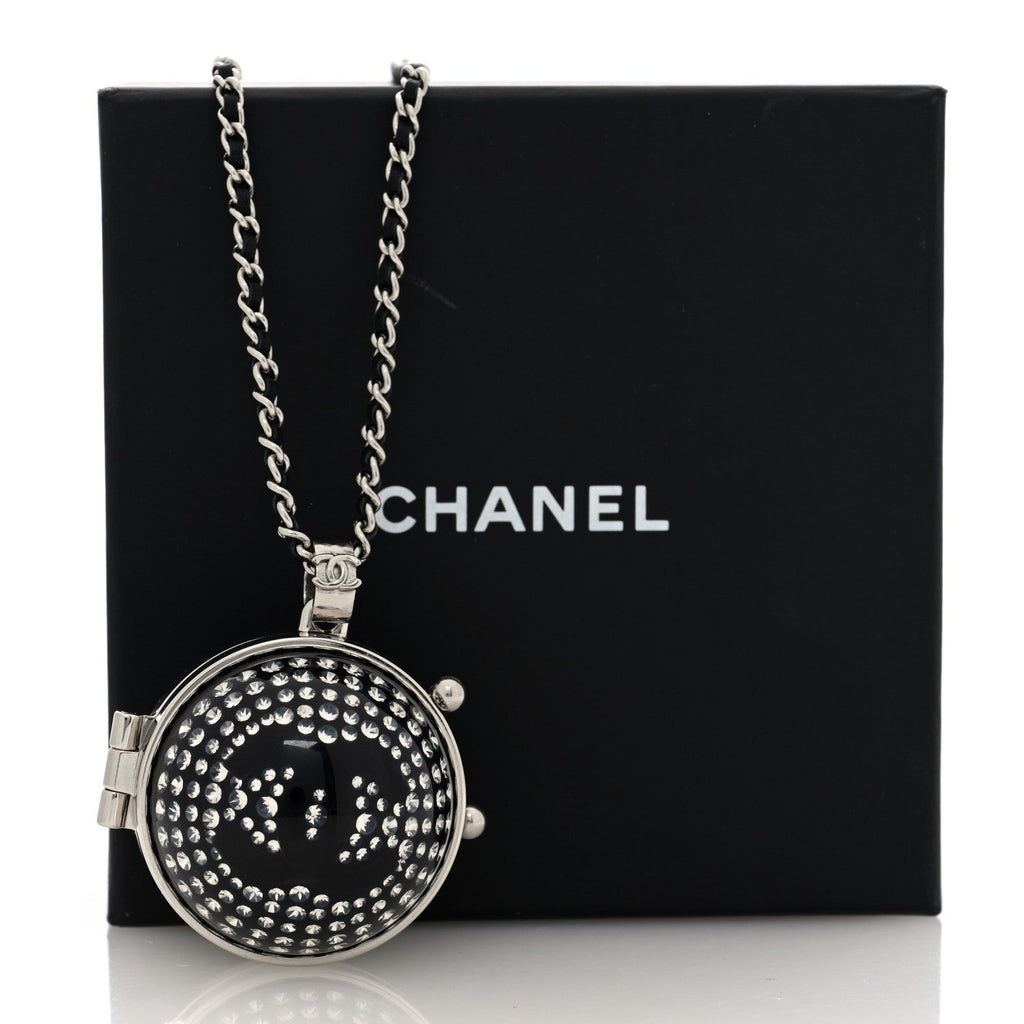 レジンクリスタルラムスキンボールミラーネックレス ブラック シルバー（カスタマイズ対応）